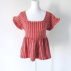 Madewell Red Checkered Peplum Top